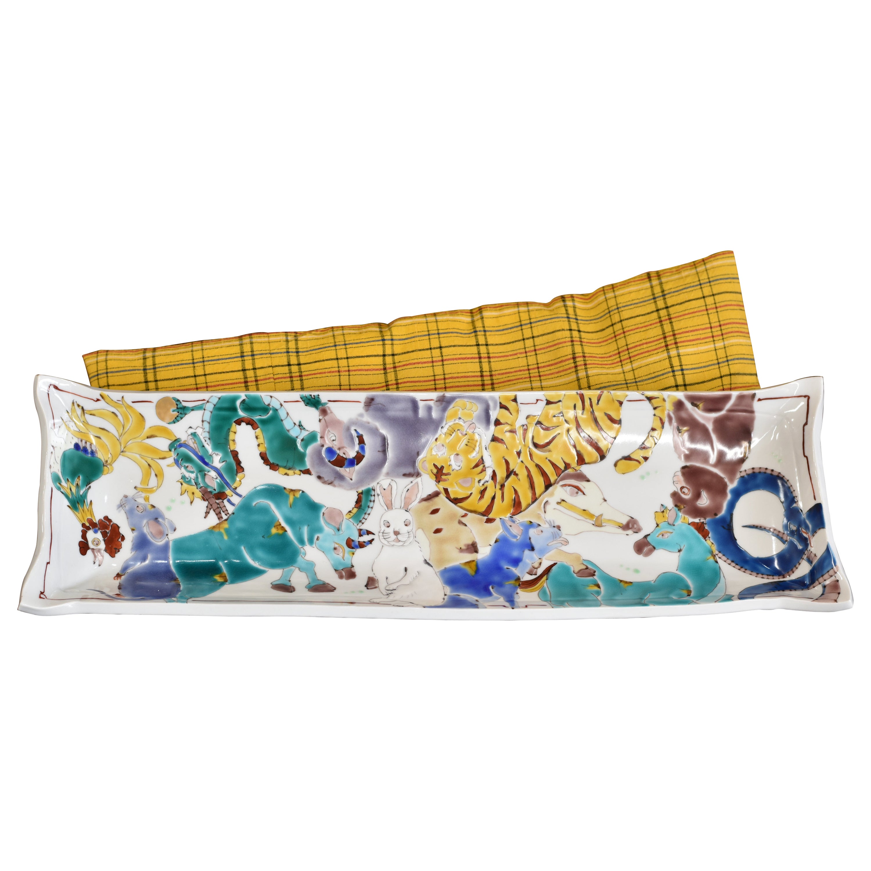 Japanese Contemporary Green Yellow Purple Porcelain Charger by Master Artist