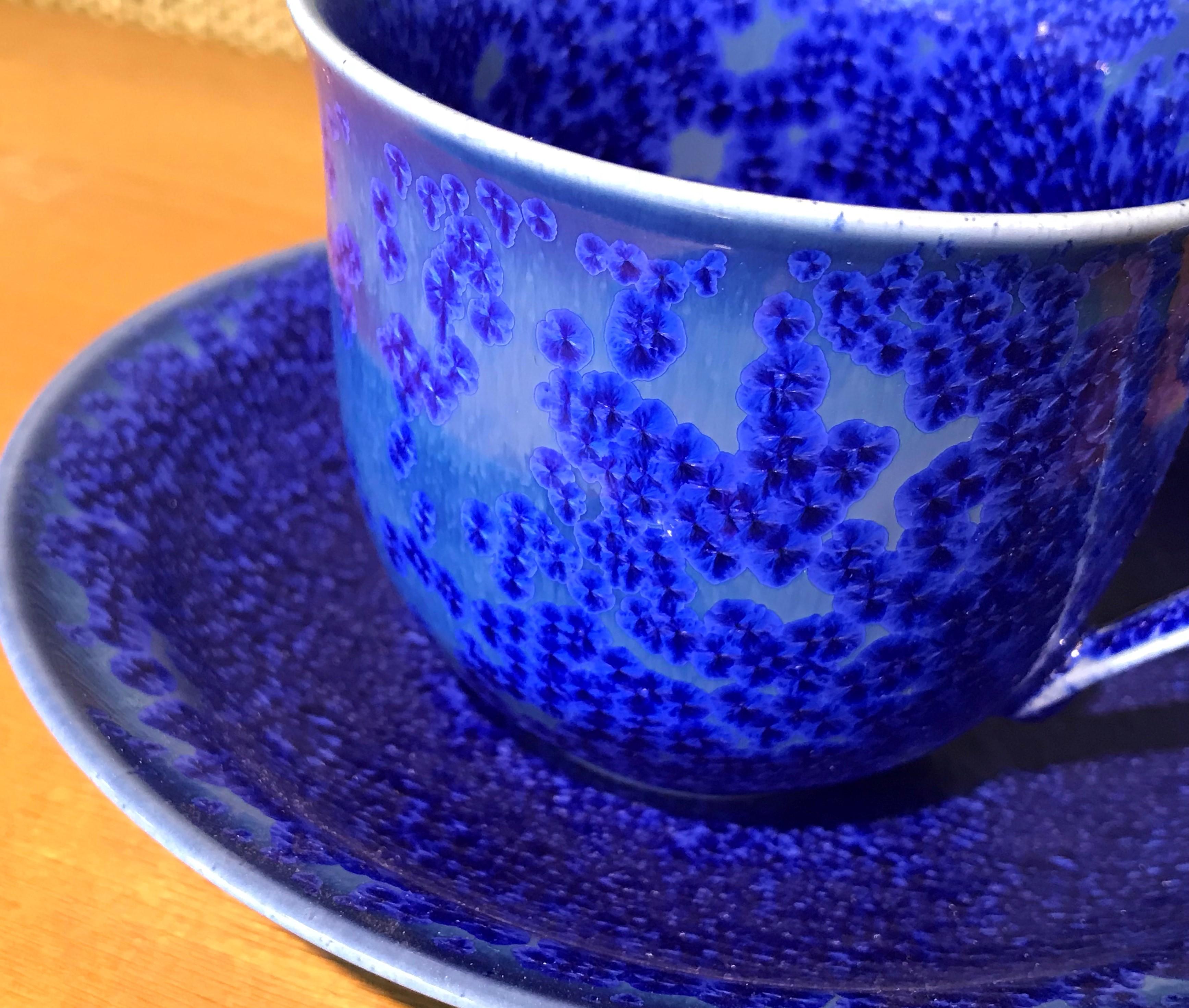 Hand-Painted Japanese Contemporary Hand-Glazed Blue Porcelain Cup and Saucer by Master Artist