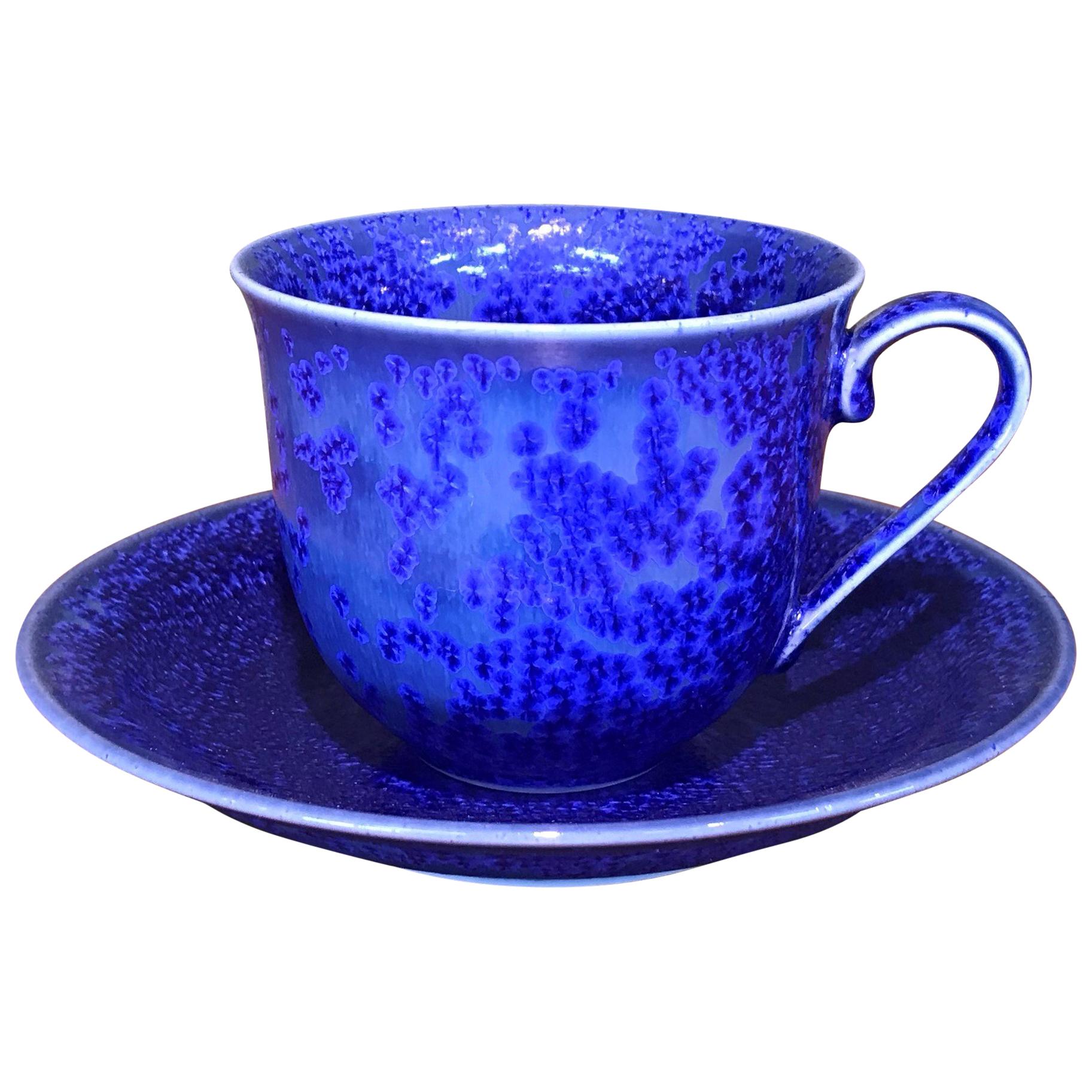 Japanese Contemporary Hand-Glazed Blue Porcelain Cup and Saucer by Master Artist