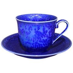 Japanese Contemporary Hand-Glazed Blue Porcelain Cup and Saucer by Master Artist