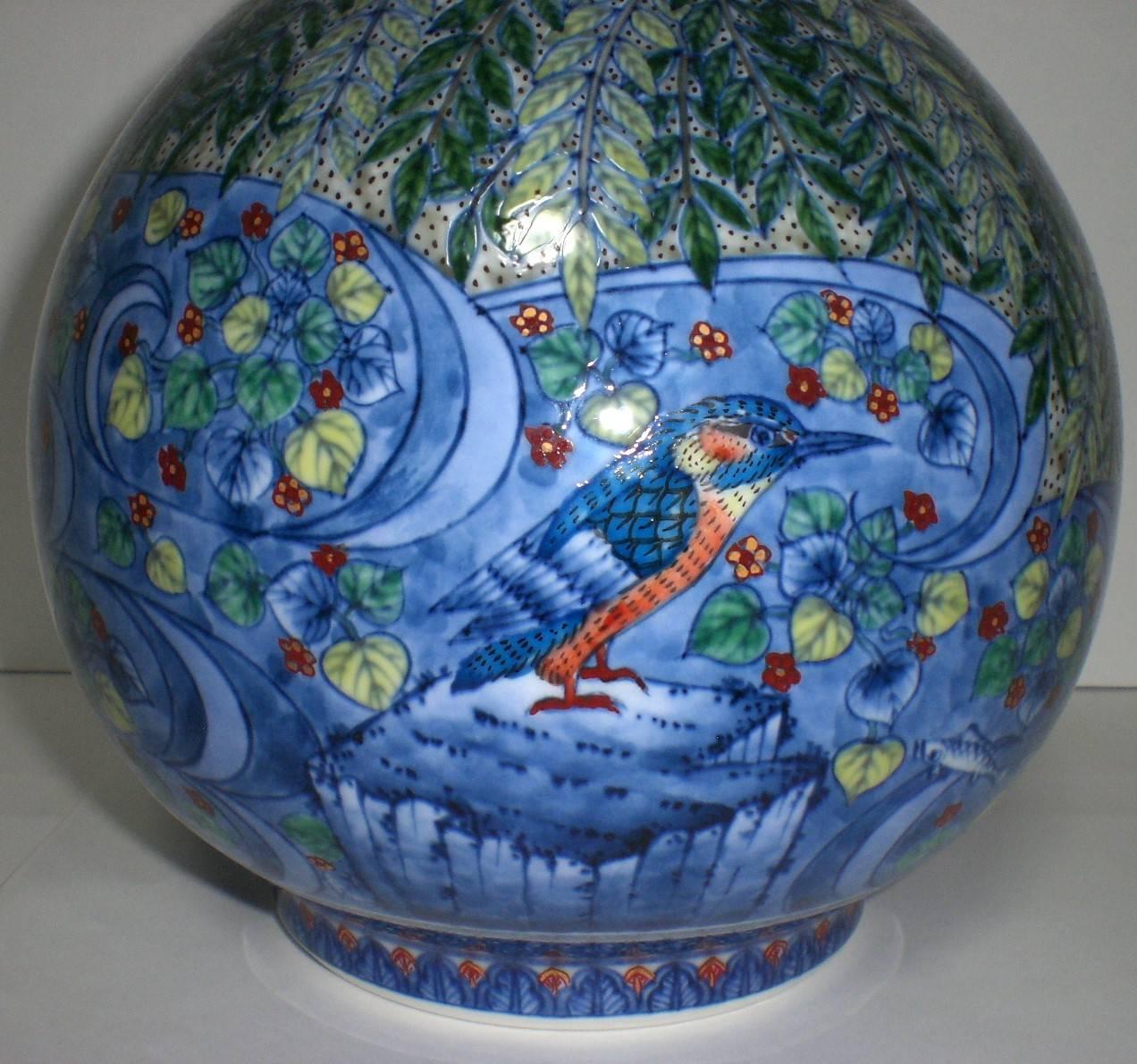 Exceptional museum quality Japanese contemporary decorative porcelain vase boasting a beautifully shaped large double gourd body in blue and green, a masterpiece by a master porcelain artist of the Imari-Arita region of Japan’s southern island of