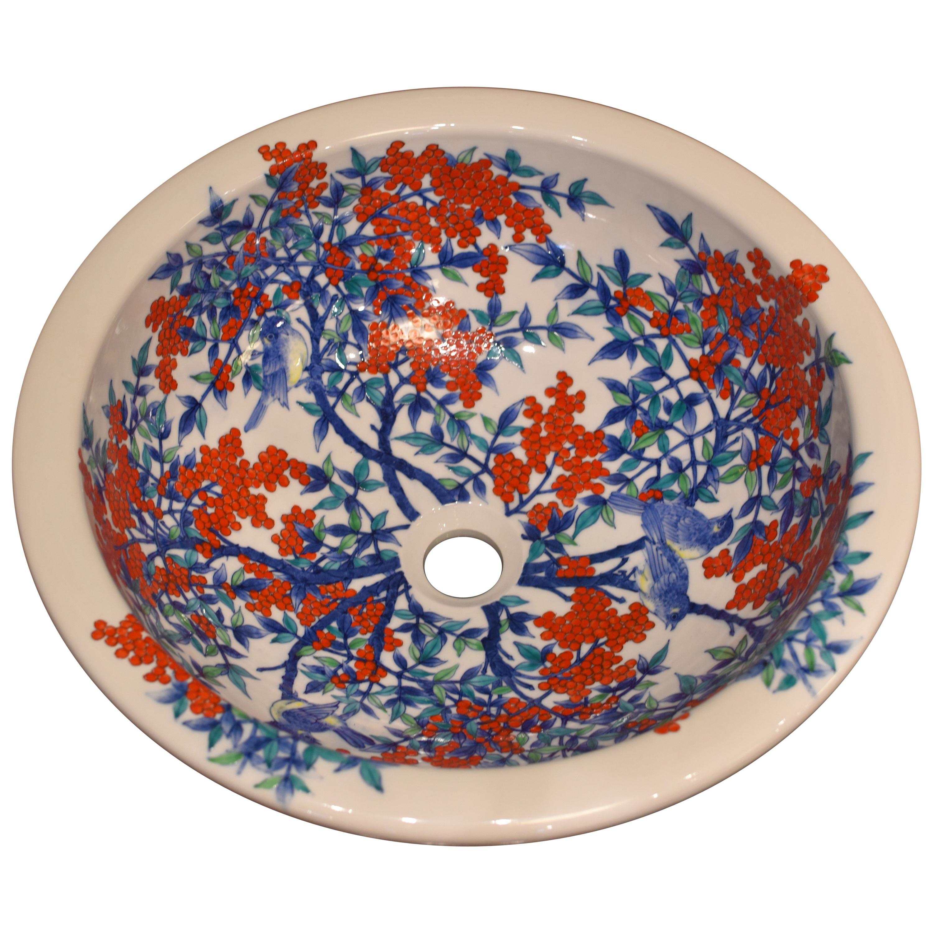 Contemporary Hand-Painted Porcelain Washbasin by Japanese Master Artist