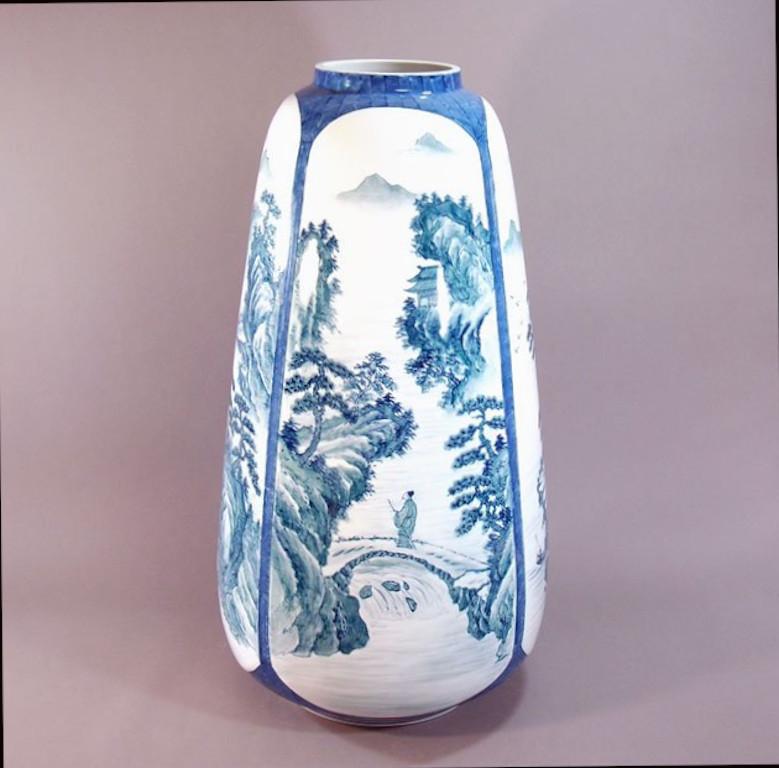 Hand-Painted Japanese Contemporary Imari Blue Porcelain Vase by Master Artist For Sale