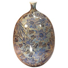 Japanese Contemporary Imari Gilded Blue Porcelain Vase by Master Artist