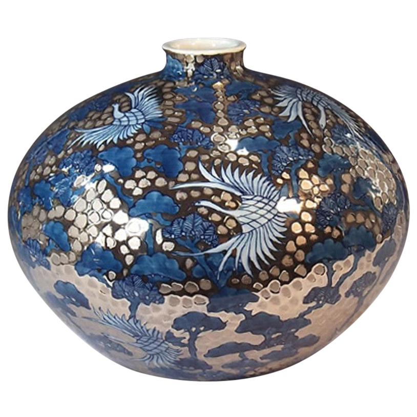 Platinum Blue Porcelain Vase by Contemporary Japanese Master Artist