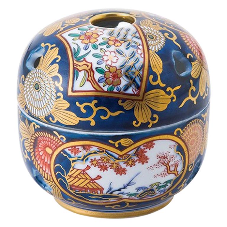 Brûleur d'encens japonais contemporain Ko-Imari Porcelain Gold Blue Koro