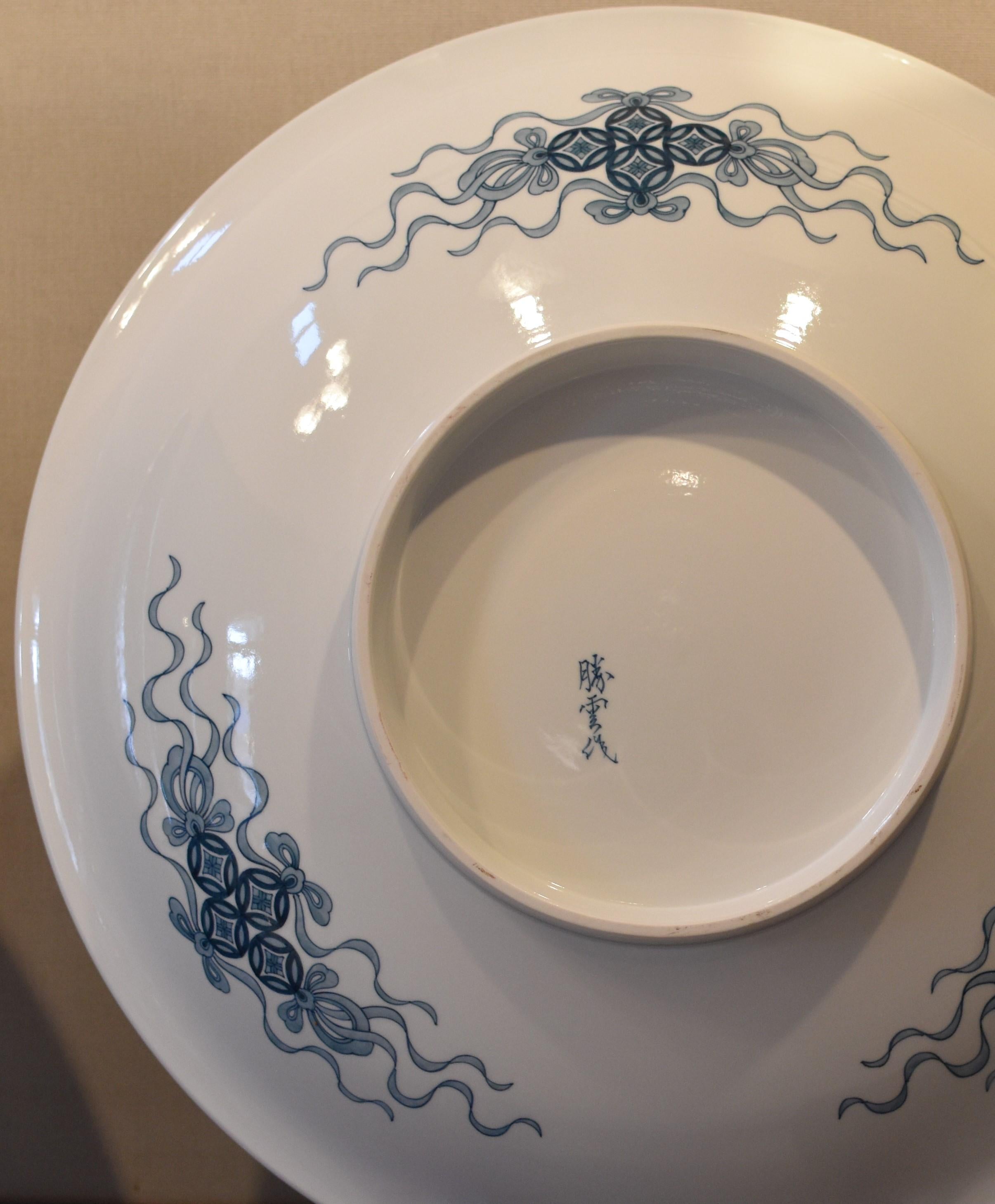 Japanese Contemporary Large Blue White Porcelain Charger by Master Artist For Sale 1