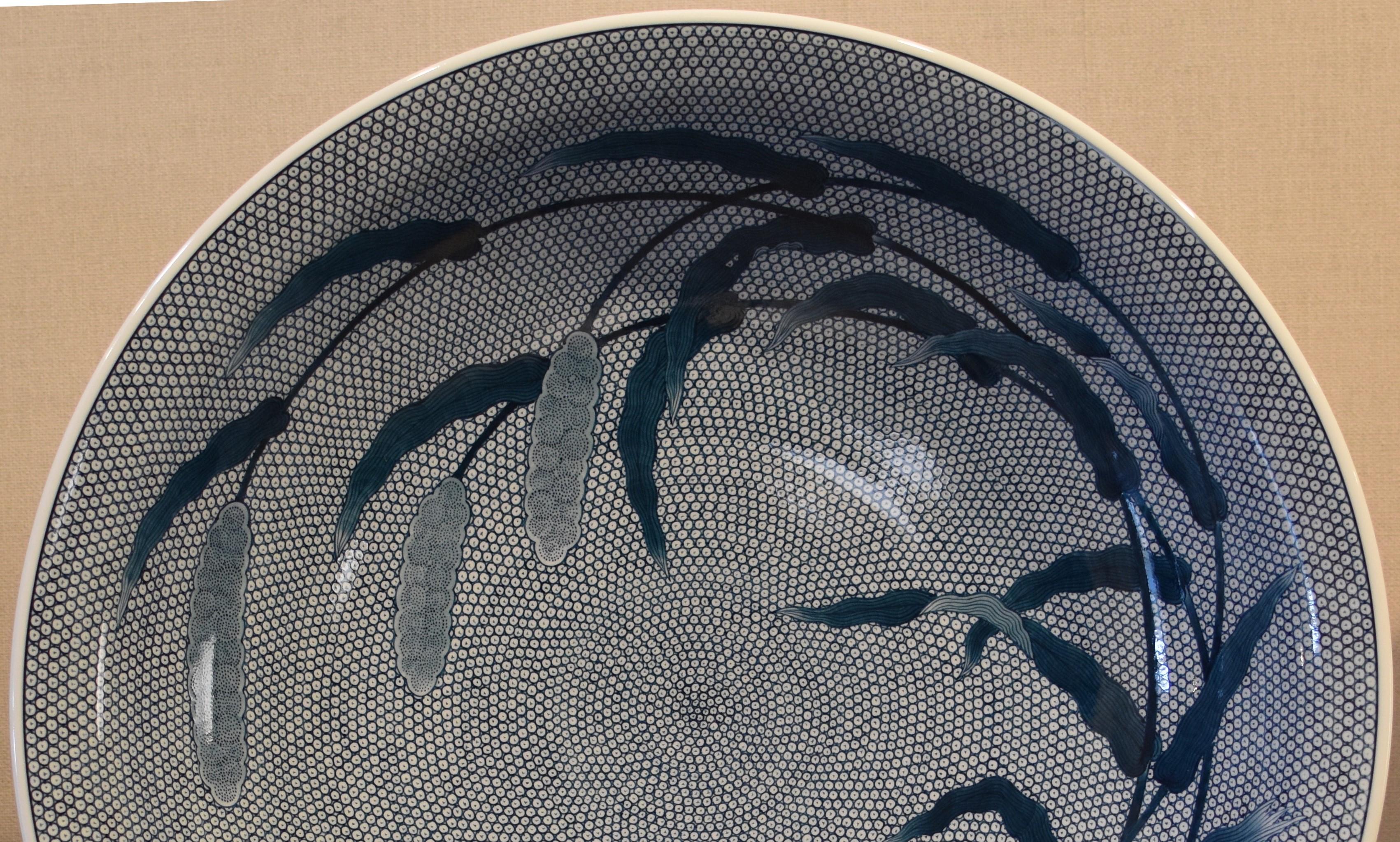 Japanese Contemporary Large Blue White Porcelain Charger by Master Artist For Sale 2