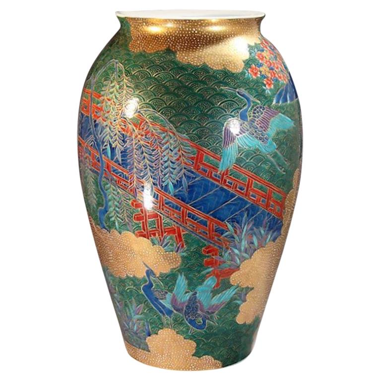 Japanese Contemporary Large Porcelain Vase Gold Green Red Green by Master Artist For Sale