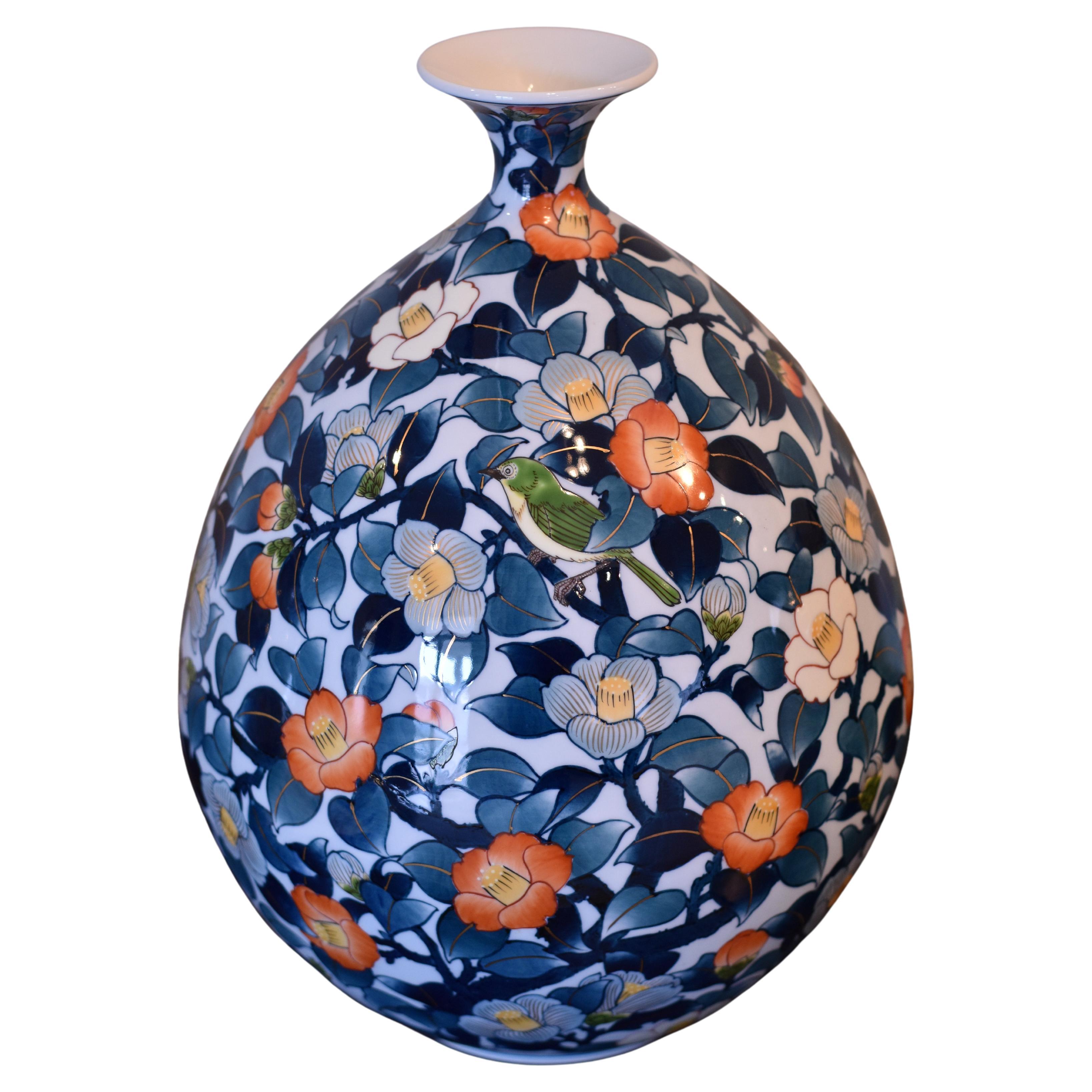 Japanese Contemporary Orange Blue Green Porcelain Vase by Master Artist, 2 For Sale