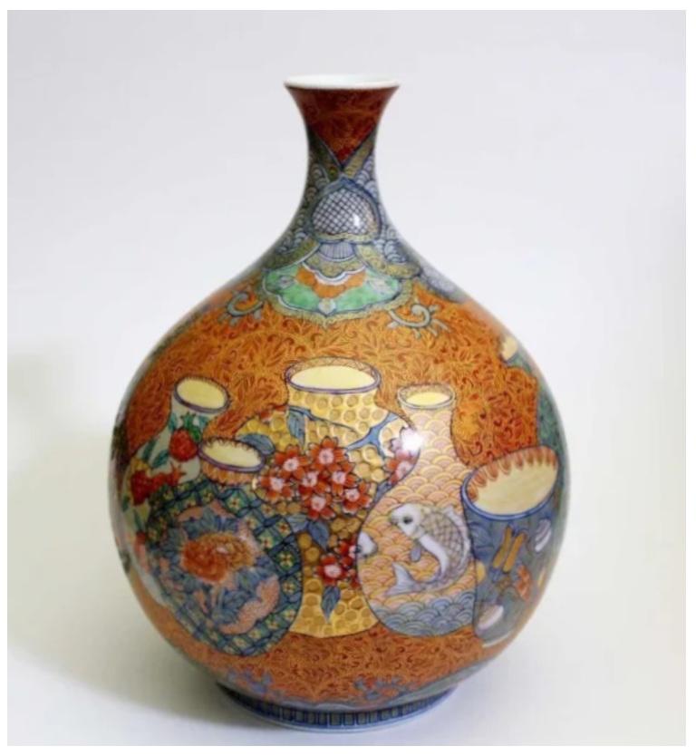 Meiji Vaso giapponese contemporaneo in porcellana arancione verde oro blu del maestro Artistics, 3 in vendita