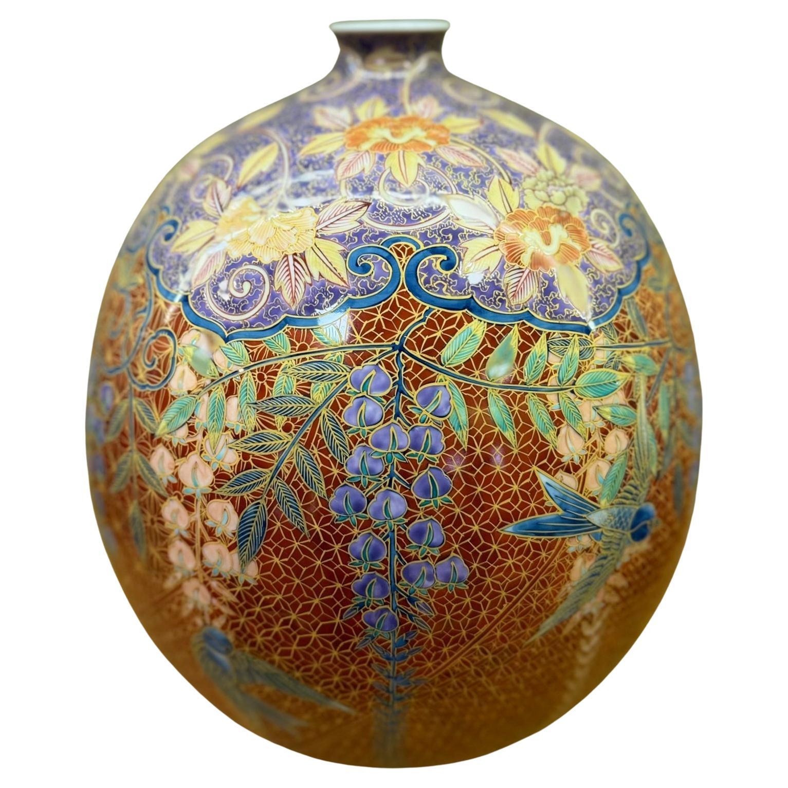 Meiji Japanese Contemporary Orange Green Gold Porcelainn Vase by Master Artist, 3 For Sale