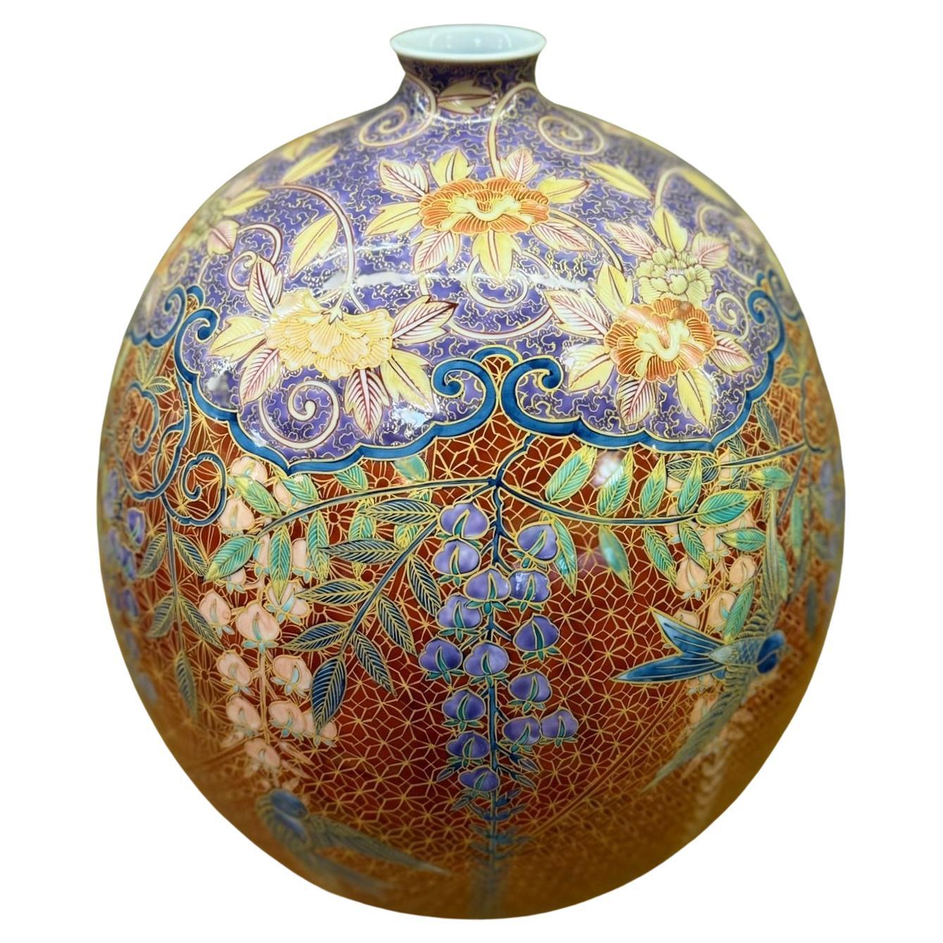 Jarrón Contemporáneo Japonés de Porcelana Naranja Verde Dorada del Maestro Artista, 3