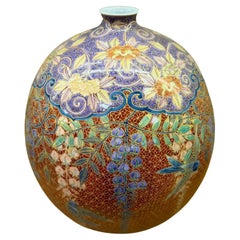 Japanese Contemporary Orange Green Gold Porcelainn Vase by Master Artist, 3