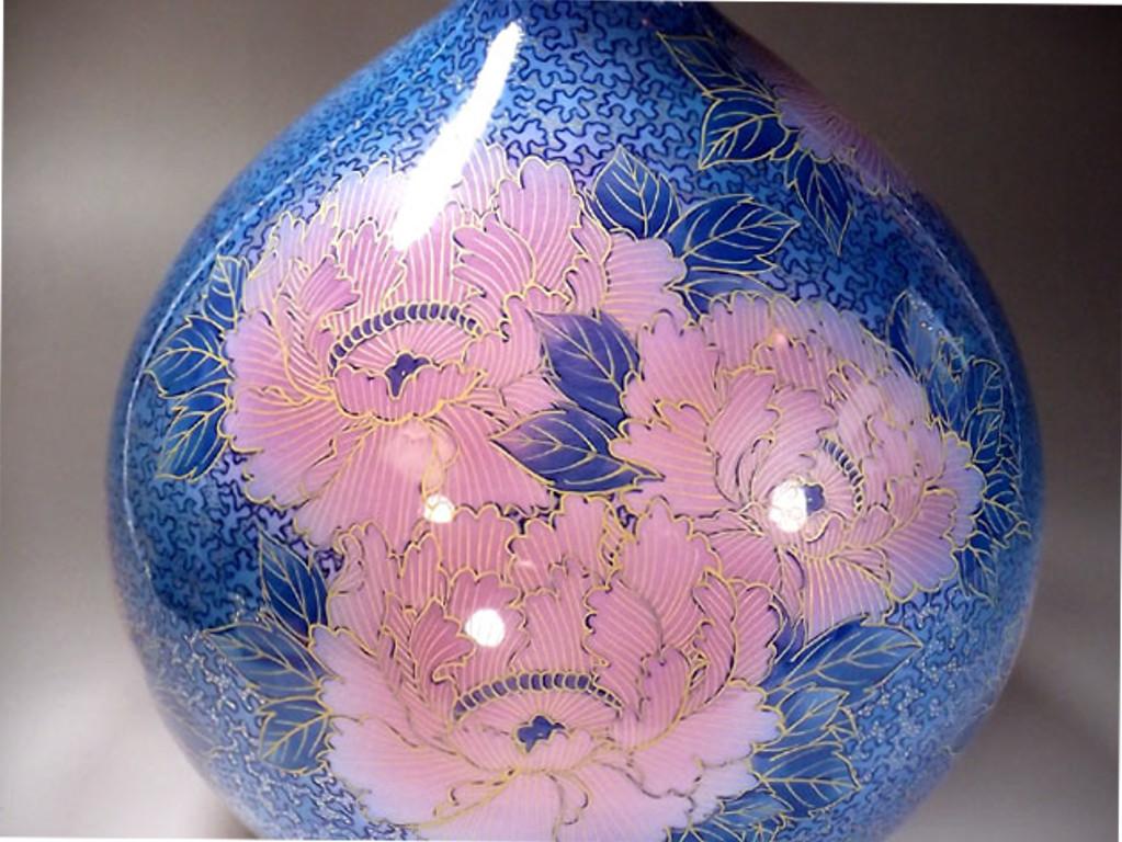 Hand-Painted Japanese Contemporary Pink Blue Gold Porcelain Vase by Master Artist