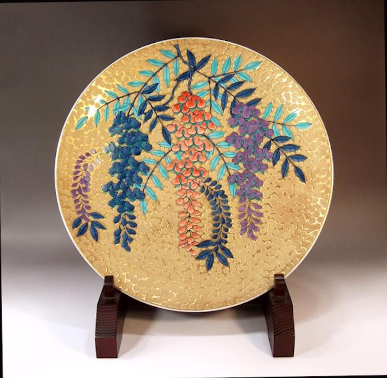 Meiji Japanese Contemporary Pink Blue Gold Porcelain Charger by Master Artist, 4 For Sale