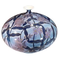 Japanese Contemporary Pink Blue Gold Porcelain Vase by Master Artist, 2
