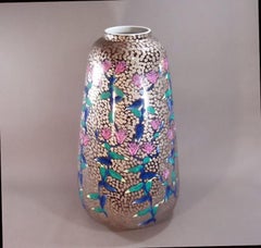 Japanese Contemporary Pink Blue Green Platinum Porcelain Vase by Master Artist