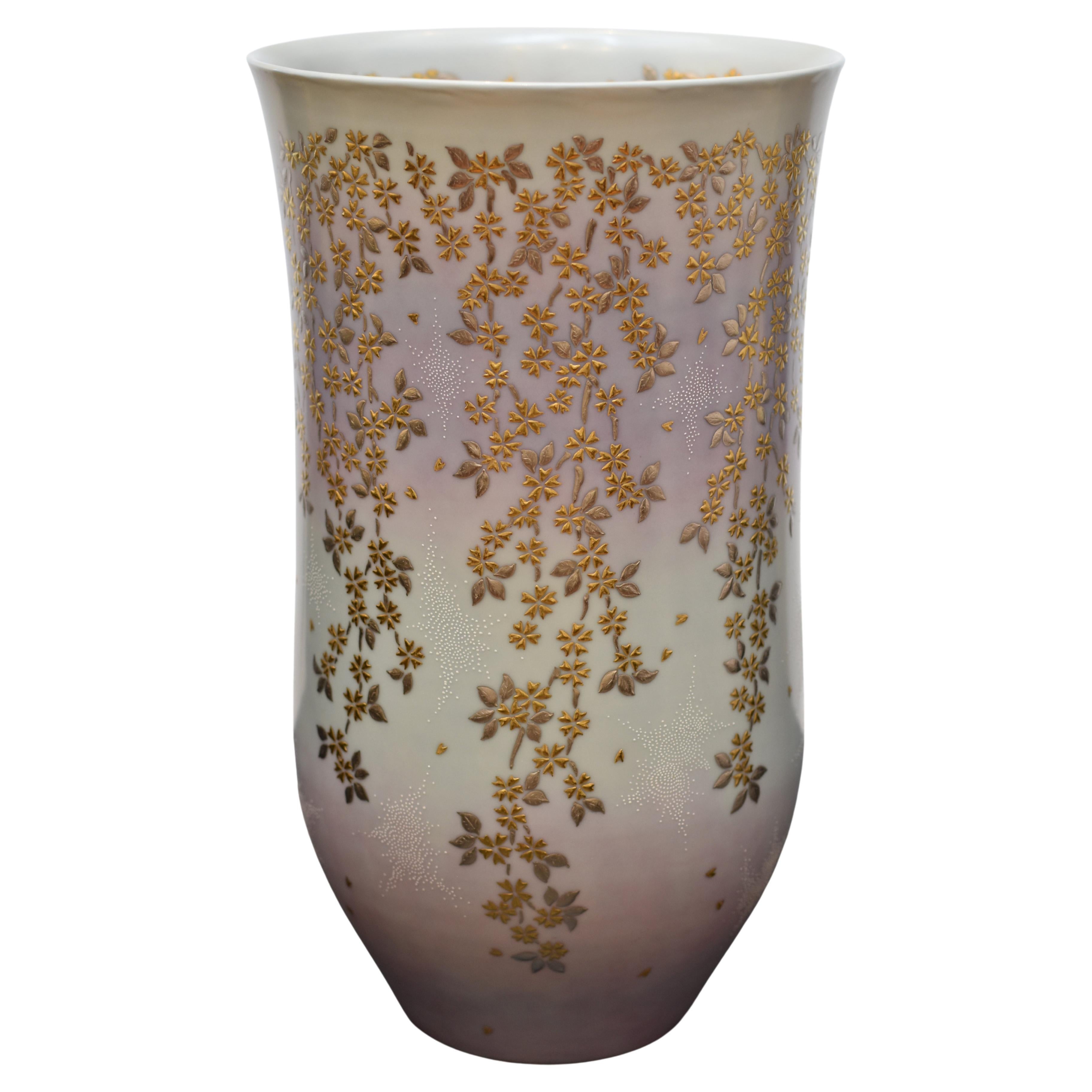 Hand-Painted Japanese Contemporary Pink Cream Gold Platinum Porcelain Vase by Master Artis For Sale