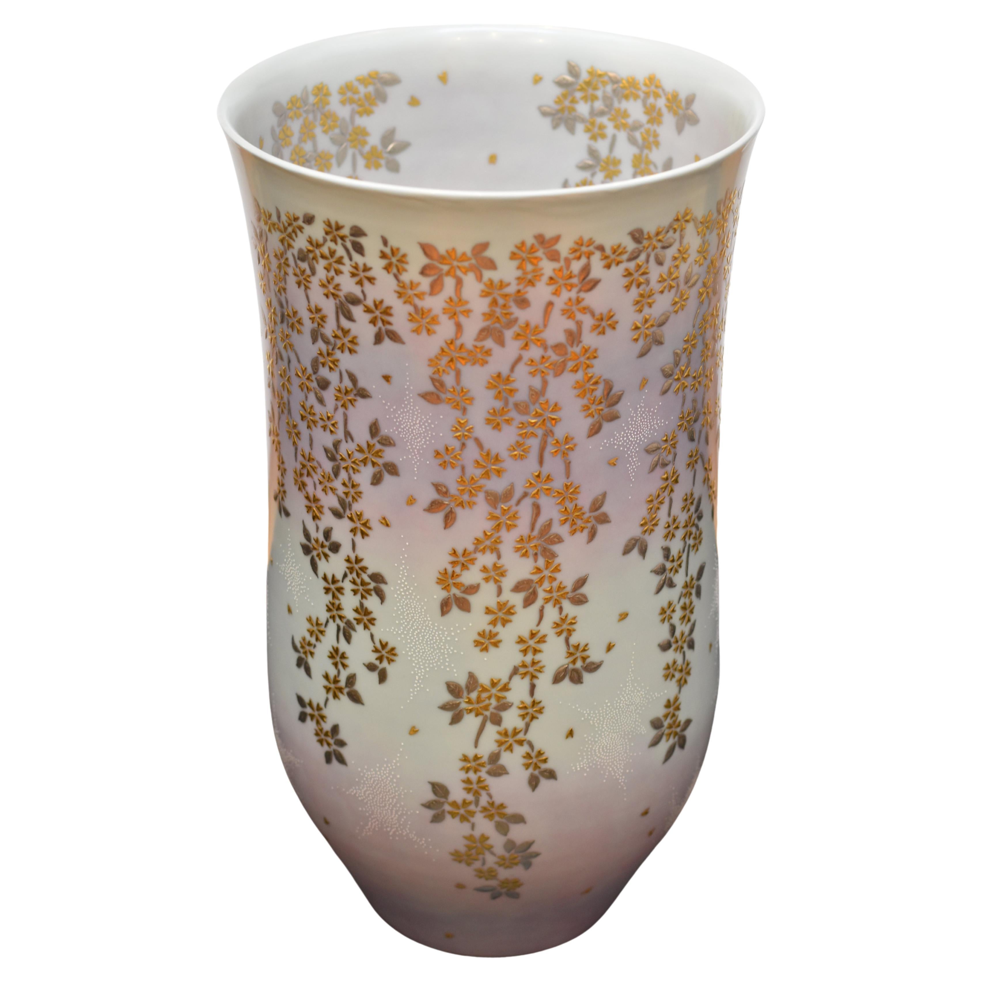 Japanese Contemporary Pink Cream Gold Platinum Porcelain Vase by Master Artis For Sale