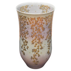 Japanese Contemporary Pink Cream Gold Platinum Porcelain Vase by Master Artis