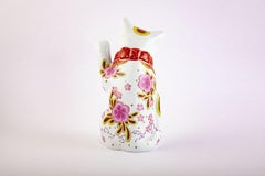Japanese Contemporary Pink Red Gold Porcelain Lucky Cat Sculpture