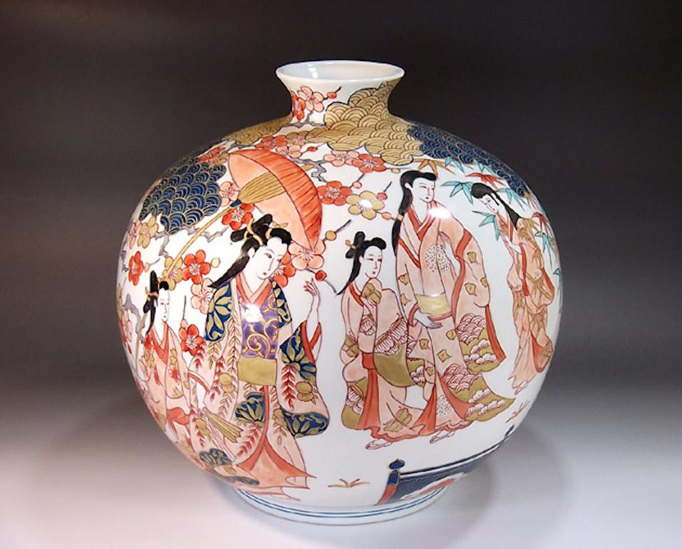 Hand-Painted Japanese Contemporary Red Blue Cream Gold Porcelain Vase by Master Artist