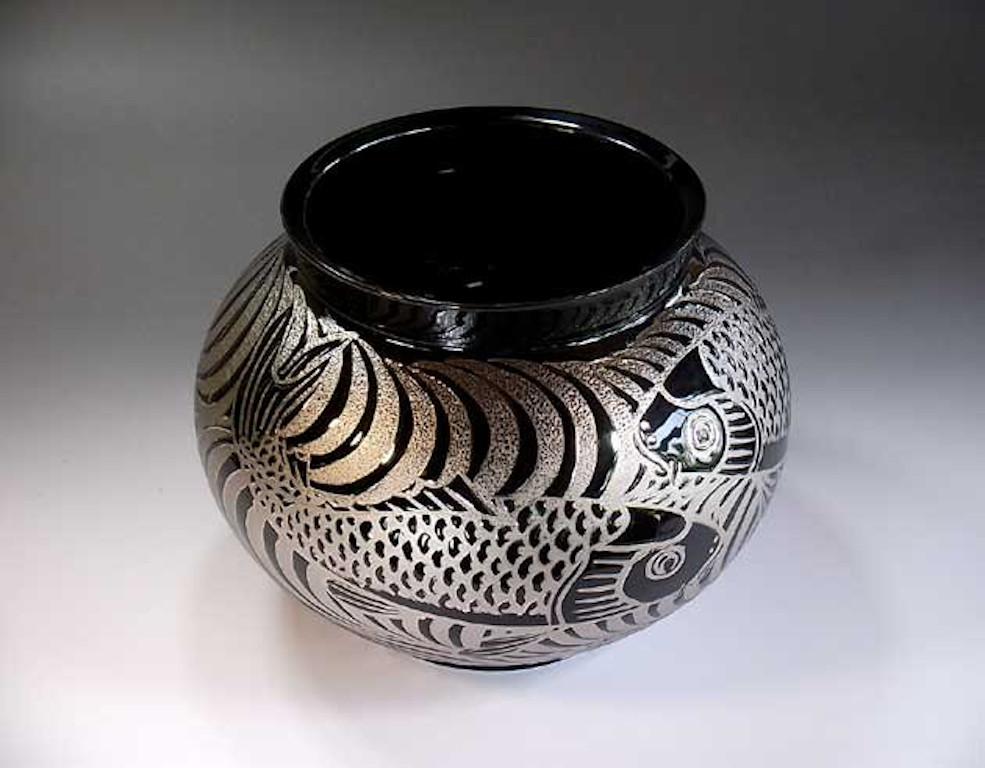 Meiji Japanese Contemporary Platinum Black Porcelain Vase by Master Artist, 8 For Sale
