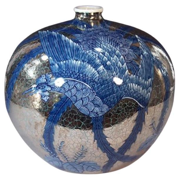 Vase japonais contemporain en porcelaine platine bleu et vert par un maître artiste, 2 pièces
