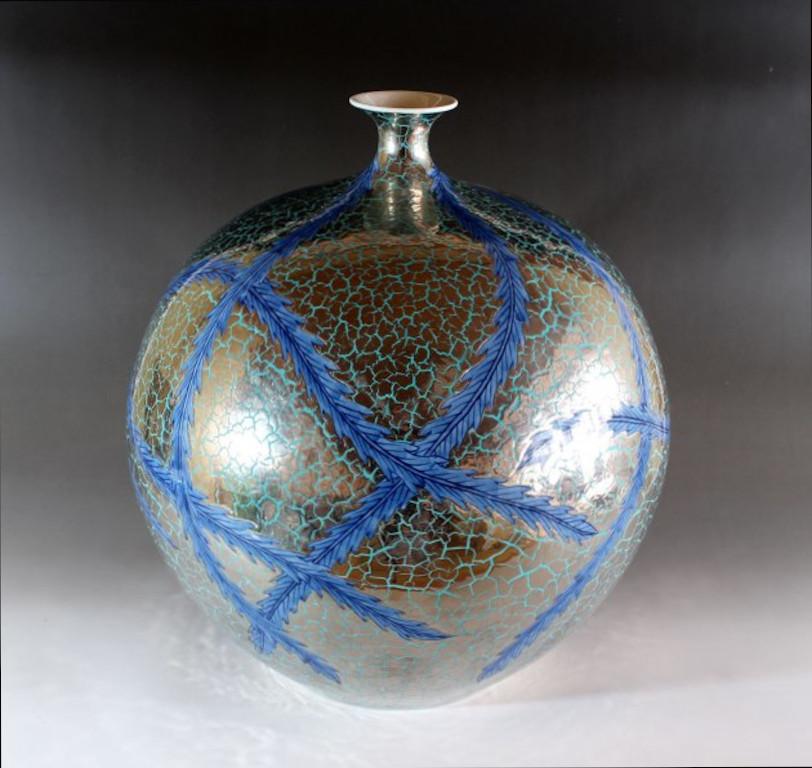 Meiji Japanese Contemporary Blue Green Platinum Porcelain Vase by Master Artist For Sale