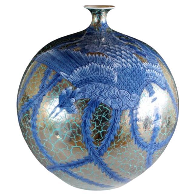 Vaso contemporaneo giapponese in porcellana di platino blu e verde di un maestro artista