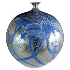 Vaso contemporaneo giapponese in porcellana di platino blu e verde di un maestro artista