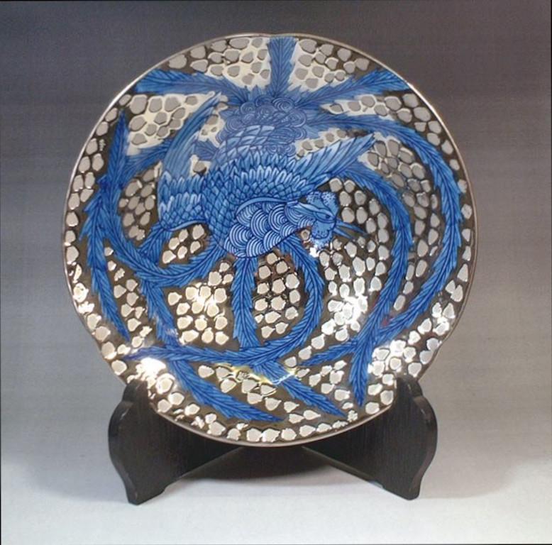 Meiji Japanese Contemporary Platinum Blue Porcelain Plate by Master Artist, 3 For Sale