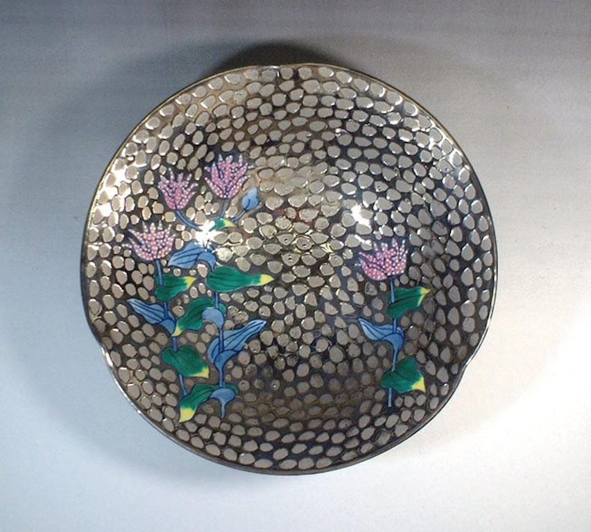 Gold Japanese Contemporary Platinum Blue Porcelain Plate by Master Artist, 3 For Sale