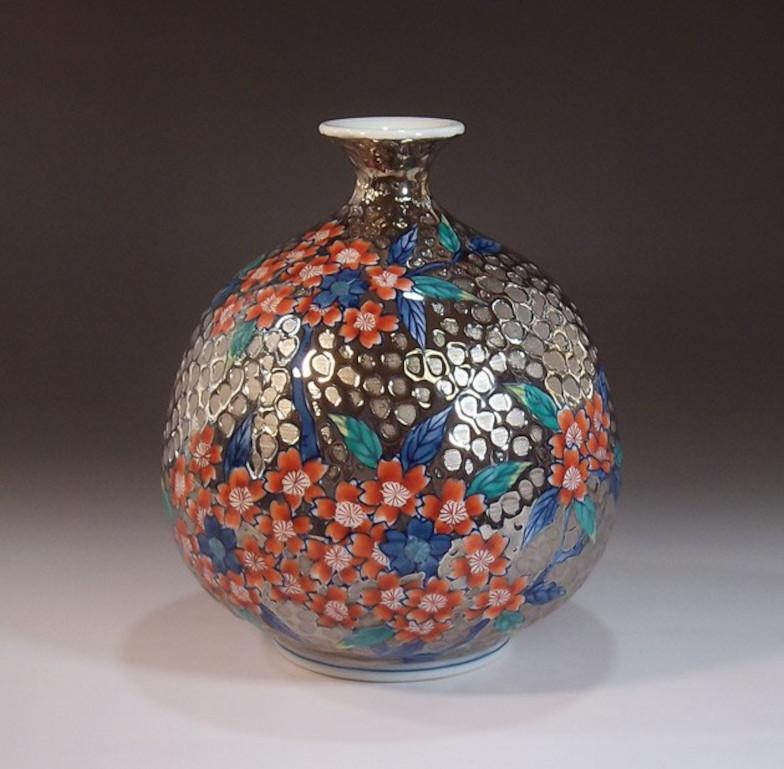 Gilt Japanese Contemporary Platinum Blue Porcelain Vase by Contemporary Master Artist For Sale