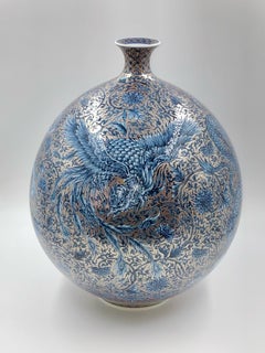 Japanese Contemporary Platinum Blue Porcelain Vase by Master Artist Duo