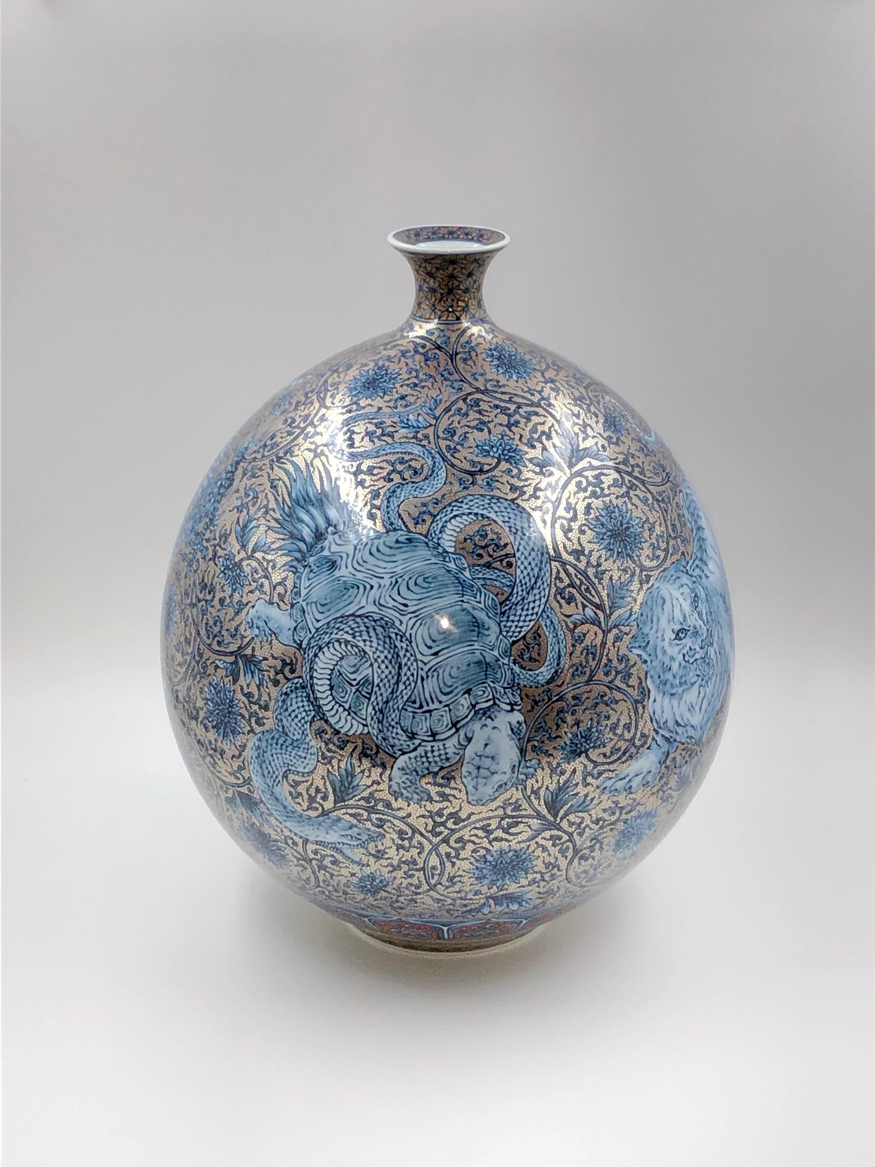 Hand-Painted Japanese Contemporary Platinum Blue Porcelain Vase by Master Artist Duo For Sale