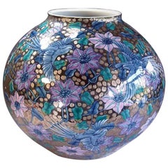 Jarrón Contemporáneo Japonés de Porcelana Azul Púrpura Platino del Maestro Artista