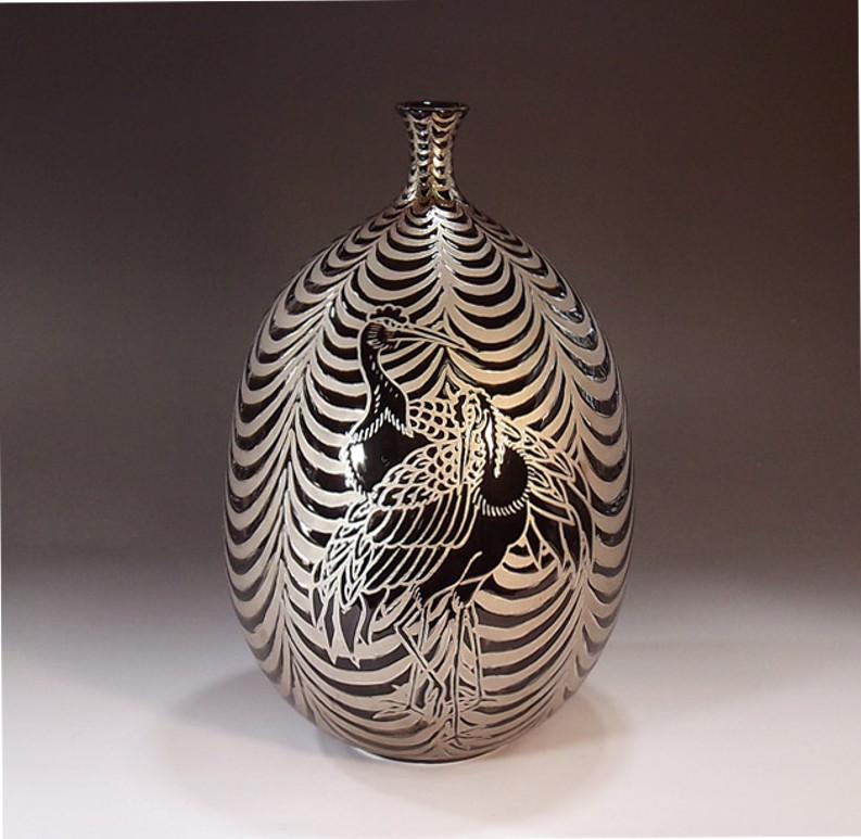 Hand-Painted Japanese Contemporary Platinum Black Porcelain Vase by Master Artist