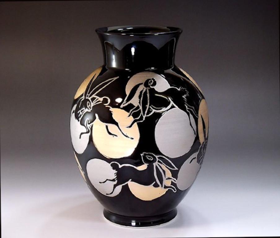 Hand-Painted Japanese Contemporary Platinum Gold Black Porcelain Vase by Master Artist For Sale