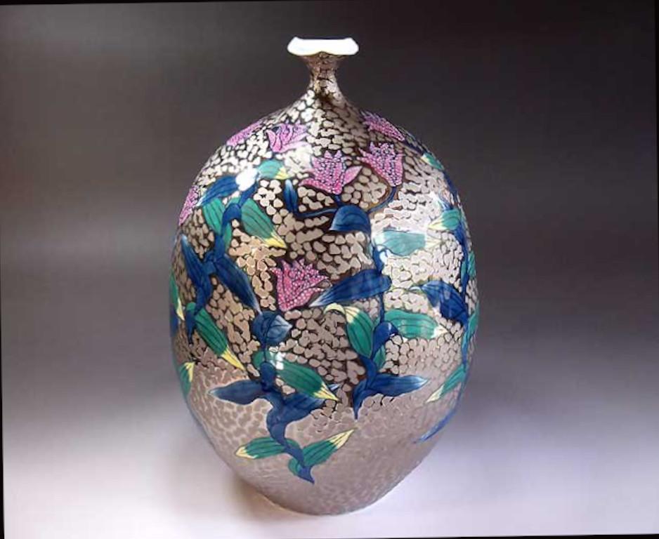 Meiji Japanese Contemporary Platinum Pink Green Blue Porcelain Vase by Master Artist For Sale