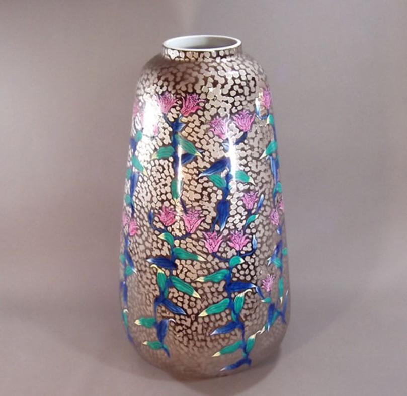 Gilt Japanese Contemporary Platinum Pink Green Blue Porcelain Vase by Master Artist For Sale