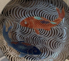 Japanese Contemporary Platinum Red Blue Porcelain Charger by Master Artist, 2