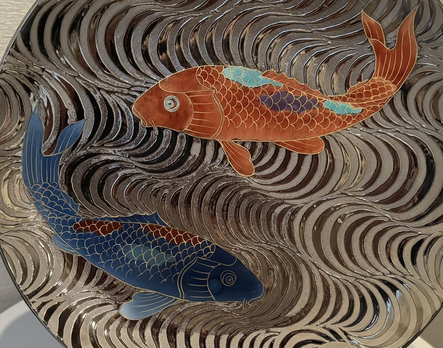 Gilt Japanese Contemporary Platinum Red Blue Porcelain Charger by Master Artist, 2 For Sale