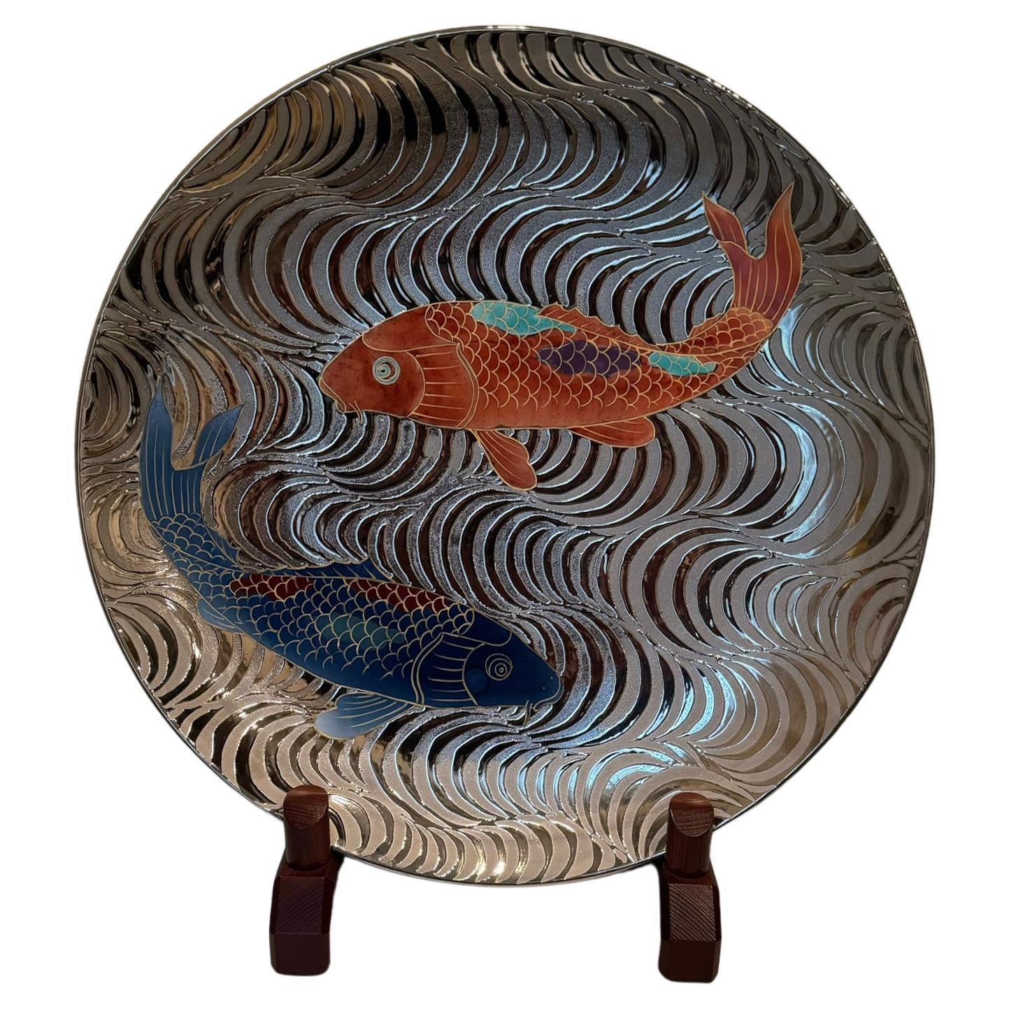 Japanische Contemporary Platinum Rot Blau Porzellan Charger von Masterly Artist, 2