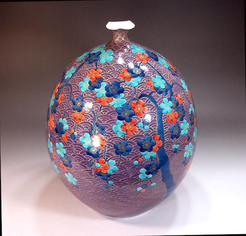 Meiji Japanese Contemporary Purple Blue Red Gold Porcelain Vase by Master Artist, 2 For Sale