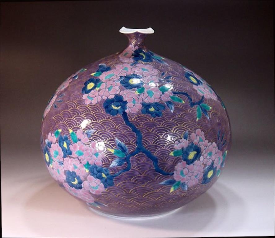 Hand-Painted Japanese Contemporary Purple Green Blue Gold Porcelain Vase by Master Artist, 3 For Sale