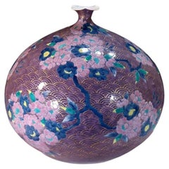 Japanese Contemporary Purple Green Blue Gold Porcelain Vase by Master Artist, 3