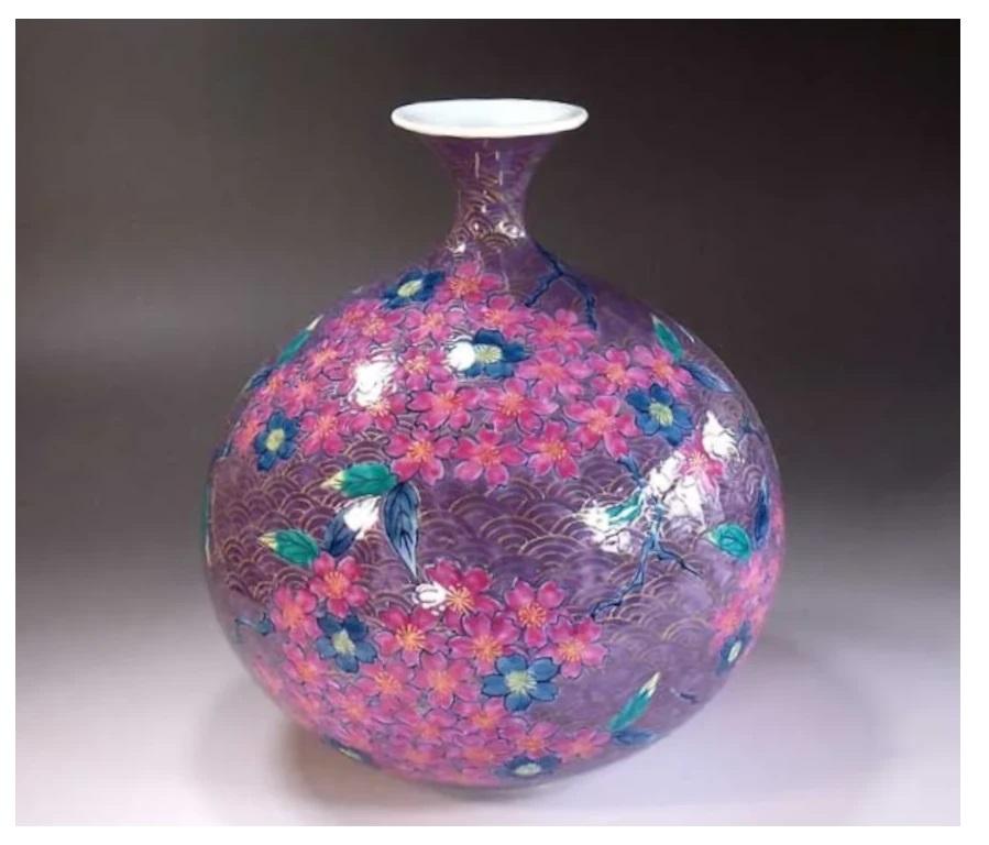 Meiji Japanese Contemporary Purple Green Pink Gold Porcelain Vase by Master Artist, 4 For Sale