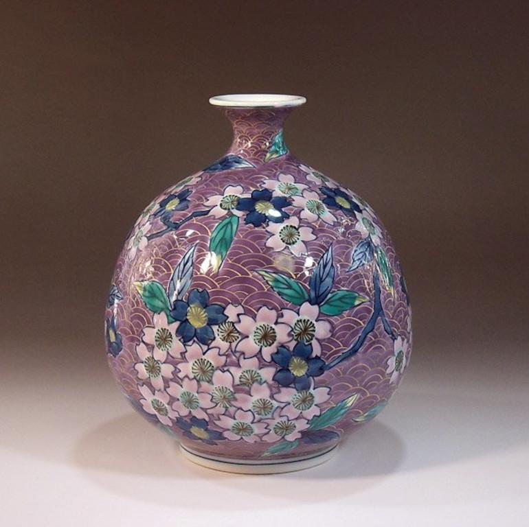 Gilt Japanese Contemporary Purple Green Pink Gold Porcelain Vase by Master Artist, 4 For Sale